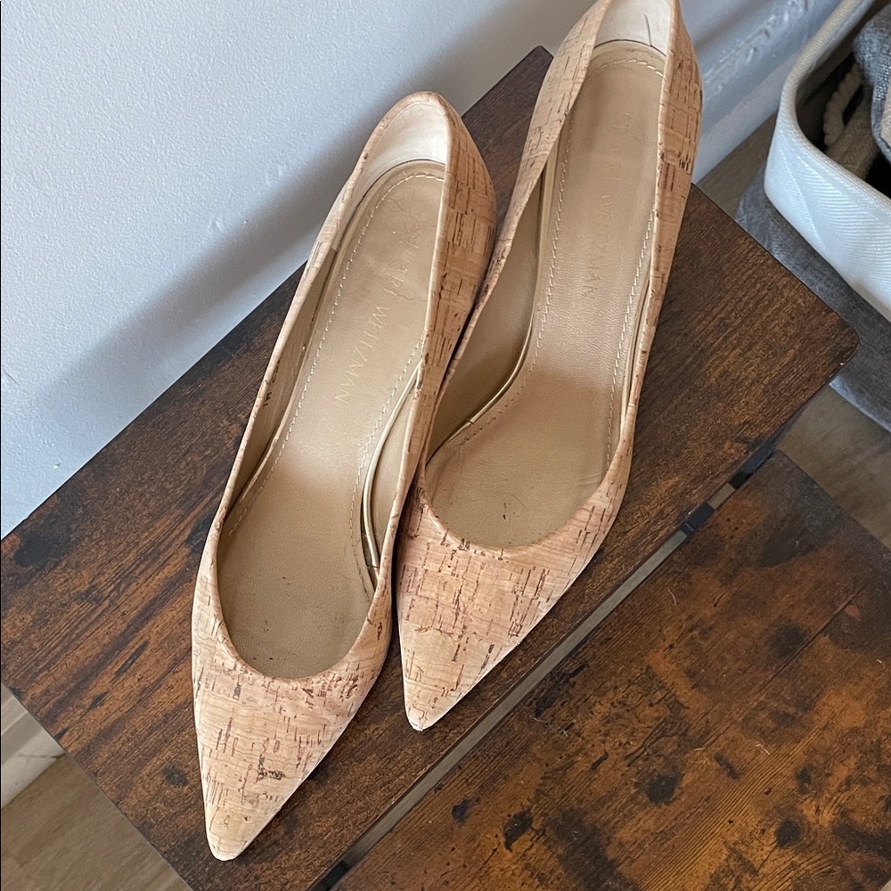 Stuart Weitzman Natural Cork Pointed Toe kitten Heels
